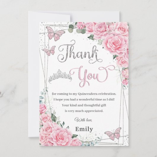 Rosa Rose Floral Schmetterlinge Süße 16 Quinceañer Dankeskarte (Vorderseite)