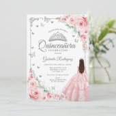Rosa Rose Floral Wasserfarbe Silver Quinceanera Einladung (Stehend Vorderseite)