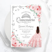 Rosa Rose Floral Wasserfarbe Silver Quinceanera Einladung