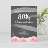 Rosa Rose Floral Wasserfarbe Streifen 80. Geburtst Einladung (Stehend Vorderseite)