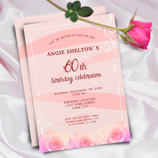 Rosa Rose Floral Wasserfarben Streifen 60. Geburts Einladung