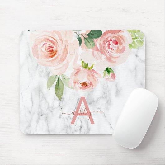 Rosa Rose florale Marmorbezeichnung Monogramm Mousepad (Mit Mouse)