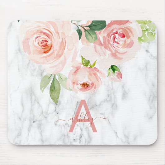 Rosa Rose florale Marmorbezeichnung Monogramm Mousepad (Vorne)