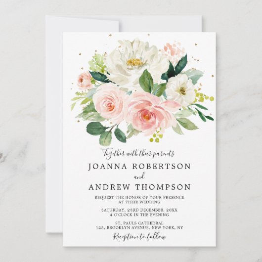 Rosa Rose Florals Moderne botanische Hochzeit Einladung (Vorderseite)