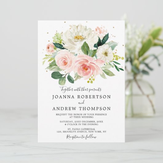 Rosa Rose Florals Moderne botanische Hochzeit Einladung (Stehend Vorderseite)