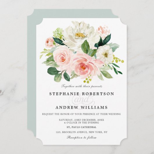 Rosa Rose Florals Moderne botanische Hochzeit Einladung (Vorne/Hinten)