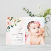 Rosa Rose Foto Girl Taufe Einladung (Stehend Vorderseite)