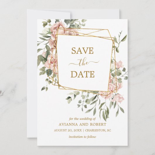 Rosa Rose Foto Gold geometrischer Rahmen Save The Date (Vorderseite)