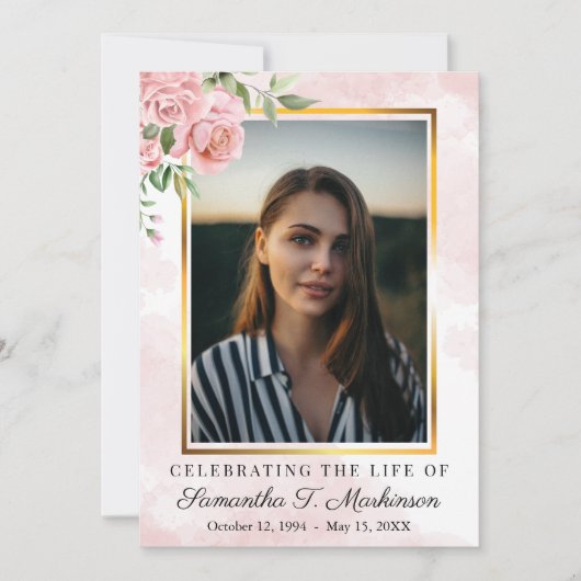 Rosa Rose Foto Wasserfarben Orden des Dienstes Einladung (Vorderseite)