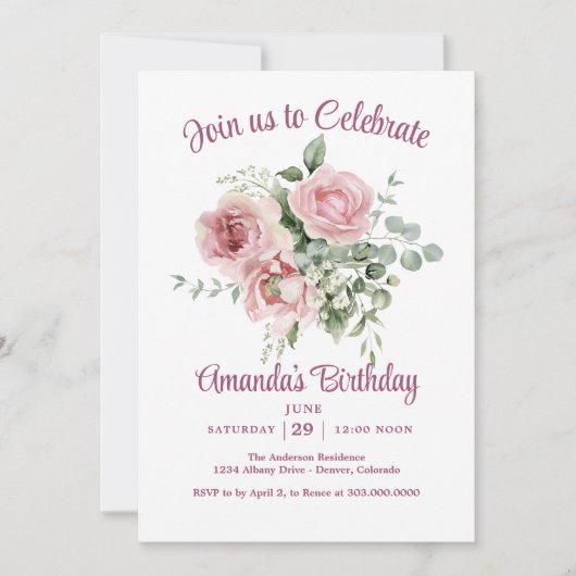 Rosa Rose Geburtstagsparty Einladung (Vorderseite)