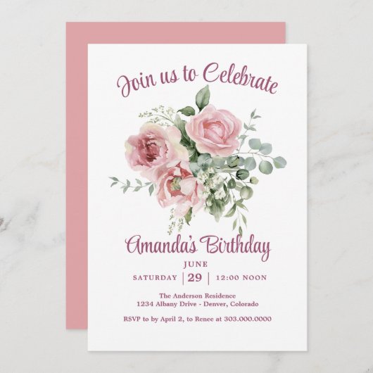 Rosa Rose Geburtstagsparty Einladung (Vorne/Hinten)