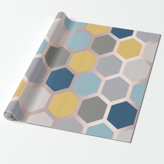 Rosa Rose Gelb Blaue Geometrie Honeycomb Hexagon Geschenkpapier (Ungerollt)