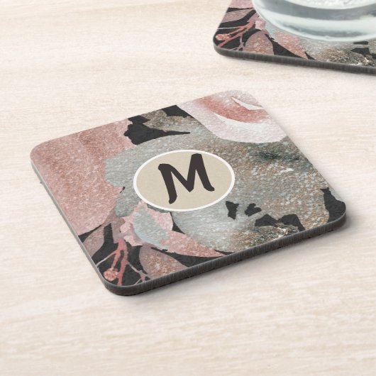 Rosa Rose Glitzer Rose Dunkle Blütengläser Elegant Getränkeuntersetzer (Linke Seite)