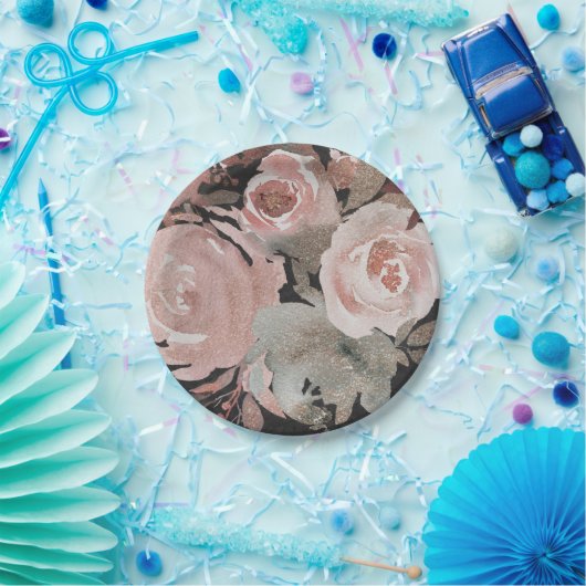 Rosa Rose Glitzer Rose Dunkle Blütengläser Elegant Pappteller (Party)