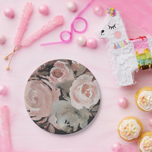 Rosa Rose Glitzer Rose Dunkle Blütengläser Elegant Pappteller (Party)