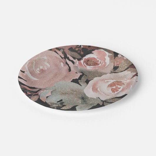 Rosa Rose Glitzer Rose Dunkle Blütengläser Elegant Pappteller (Schrägansicht)