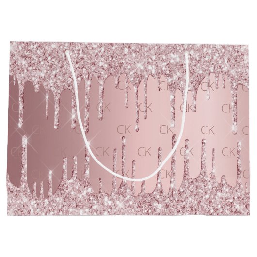 Rosa Rose Glitzer Tropfen monogramm Große Geschenktüte (Rückseite)