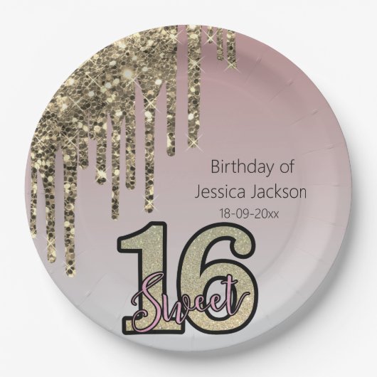 Rosa Rose Gold 16 . Geburtstag Pappteller (Vorderseite)