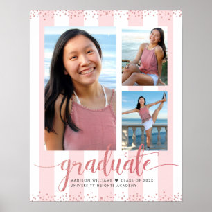 Rosa Rose Gold Abschluss 3 Foto Glitzer Script Poster