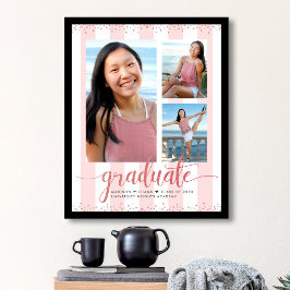 Rosa Rose Gold Abschluss 3 Foto Glitzer Script Poster