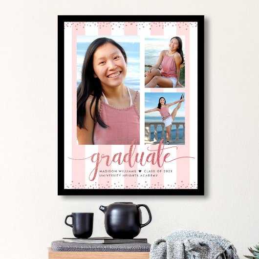 Rosa Rose Gold Abschluss 3 Foto Glitzer Script Poster