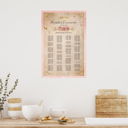 Rosa Rose & Gold Alphabetische Sitzkarte Poster (Küche)