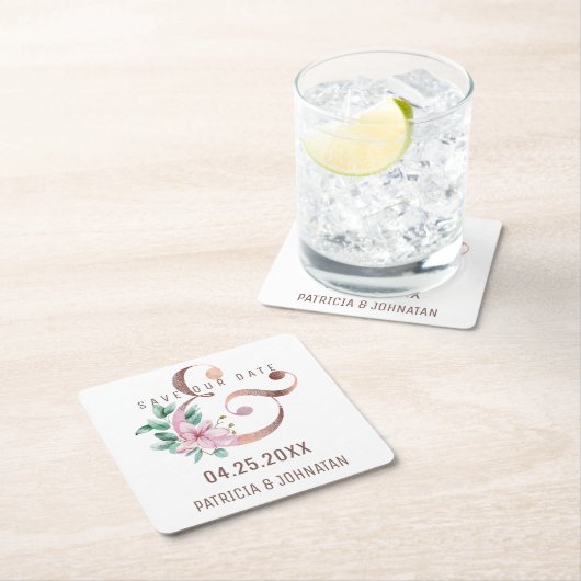 Rosa Rose Gold Ampere und rett Datum Hochzeit Rechteckiger Pappuntersetzer (Vor Ort)