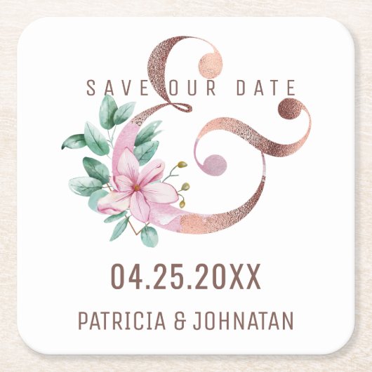 Rosa Rose Gold Ampere und rett Datum Hochzeit Rechteckiger Pappuntersetzer (Vorderseite)