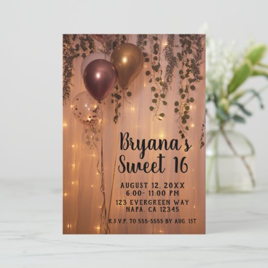 Rosa Rose Gold Balloons Lights Rustikale Ivy Sweet Einladung (Stehend Vorderseite)