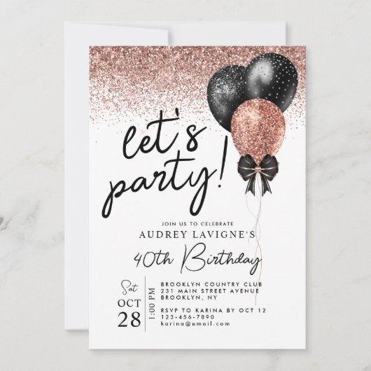 Rosa Rose Gold Black Glitzer Ballon Geburtstag Einladung (Vorderseite)