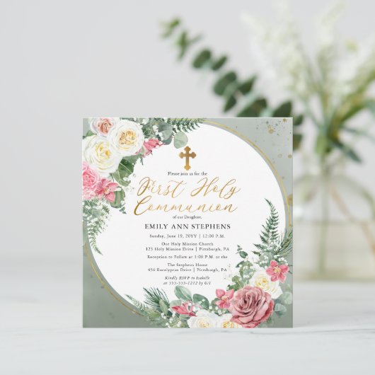 Rosa Rose | Gold Blumenrahmen Erste heilige Kommun Einladung (Stehend Vorderseite)