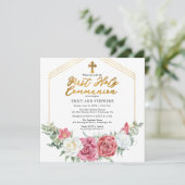 Rosa Rose | Gold Blumenrahmen Erste heilige Kommun Einladung (Stehend Vorderseite)