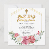 Rosa Rose | Gold Blumenrahmen Erste heilige Kommun Einladung (Vorderseite)
