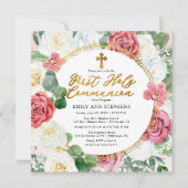 Rosa Rose | Gold Blumenrahmen Erste heilige Kommun Einladung (Vorderseite)