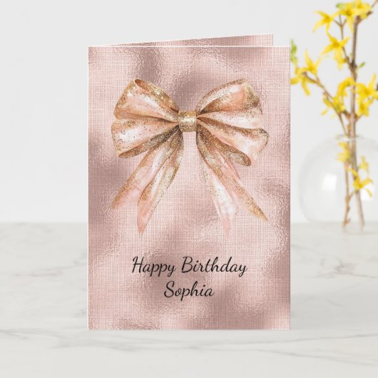 Rosa Rose Gold Bow Geburtstag Karte (Gelbe Blume)