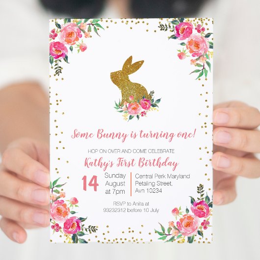 Rosa Rose Gold Bunny Birthday Floral Einladung