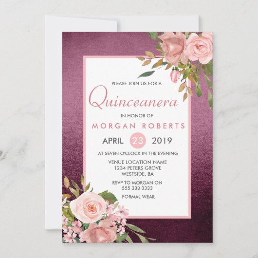 Rosa Rose Gold Burgund Floral Quinceanera Einladun Einladung (Vorderseite)