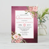 Rosa Rose Gold Burgund Floral Quinceanera Einladun Einladung (Stehend Vorderseite)