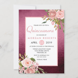 Rosa Rose Gold Burgund Floral Quinceanera Einladun Einladung