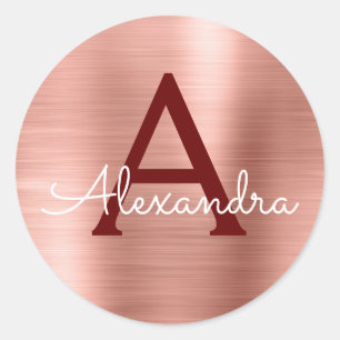 Rosa - Rose Gold Burgund Metallic Monogramm Runder Aufkleber