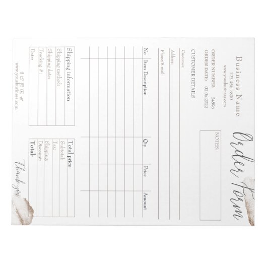 Rosa Rose Gold Business Order Form Notepad Notizblock (Vorderseite)