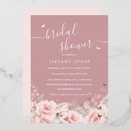 Rosa Rose Gold Butterfly Brautparty Folieneinladung (Vorderseite/Rückseite)