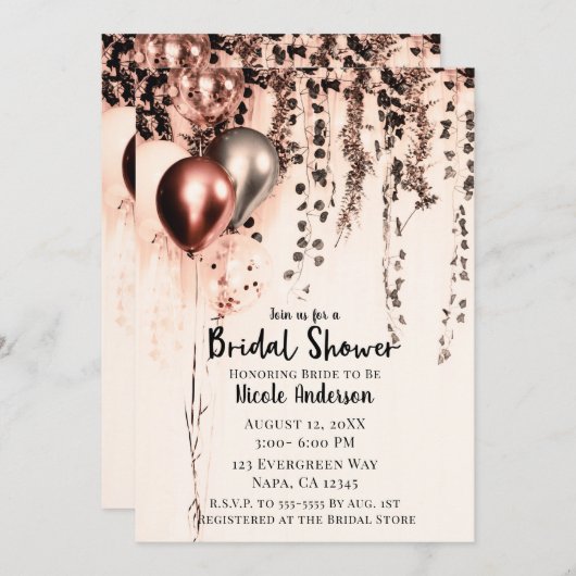 Rosa Rose Gold Cream Metallic Balloons Ivy Bridal Einladung (Vorne/Hinten)