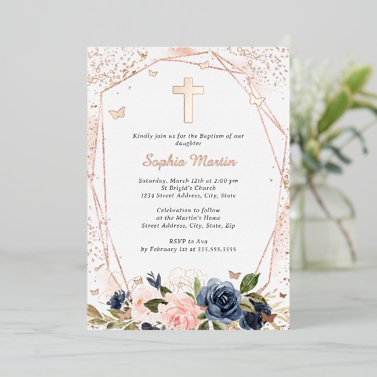 Rosa Rose Gold Cross Blumengymnastik Folieneinladung (Stehend vorne)