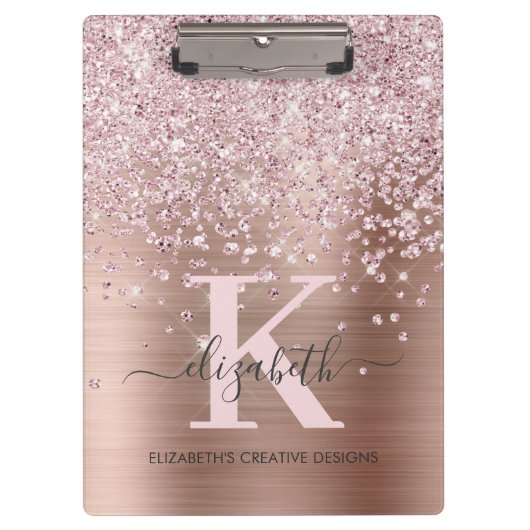 Rosa Rose Gold Diamant Glitzer Mit Monogramm Klemmbrett (Vorderseite)