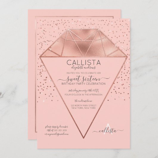 Rosa Rose Gold Diamond Confetti Glitzer Sweet 16 Einladung (Vorne/Hinten)