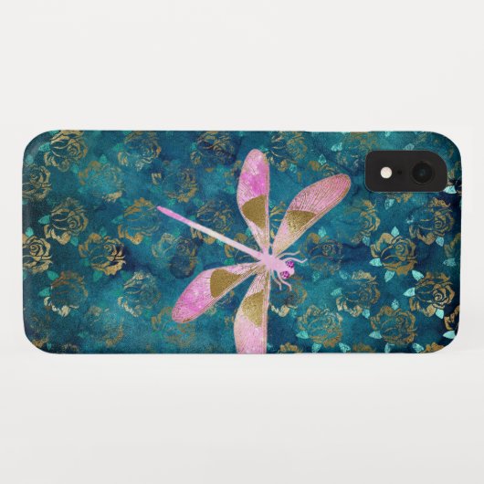 Rosa Rose Gold Dragonfly auf Türkis Blaues Fossil Case-Mate iPhone Hülle (Rückseite (Horizontal))