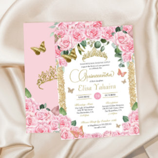 Rosa Rose & Gold Eleganter Schmetterling Quinceane Einladung