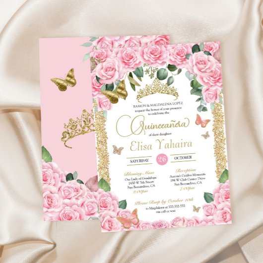 Rosa Rose & Gold Eleganter Schmetterling Quinceane Einladung