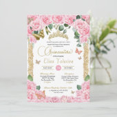 Rosa Rose & Gold Eleganter Schmetterling Quinceane Einladung (Stehend Vorderseite)